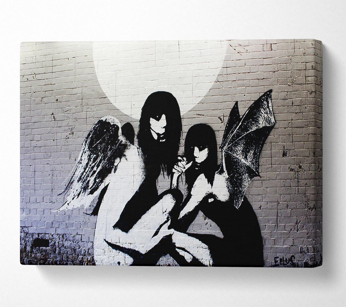 Canvas art featuring angels in moonlight, mounted on a 44mm box frame, ready to hang.