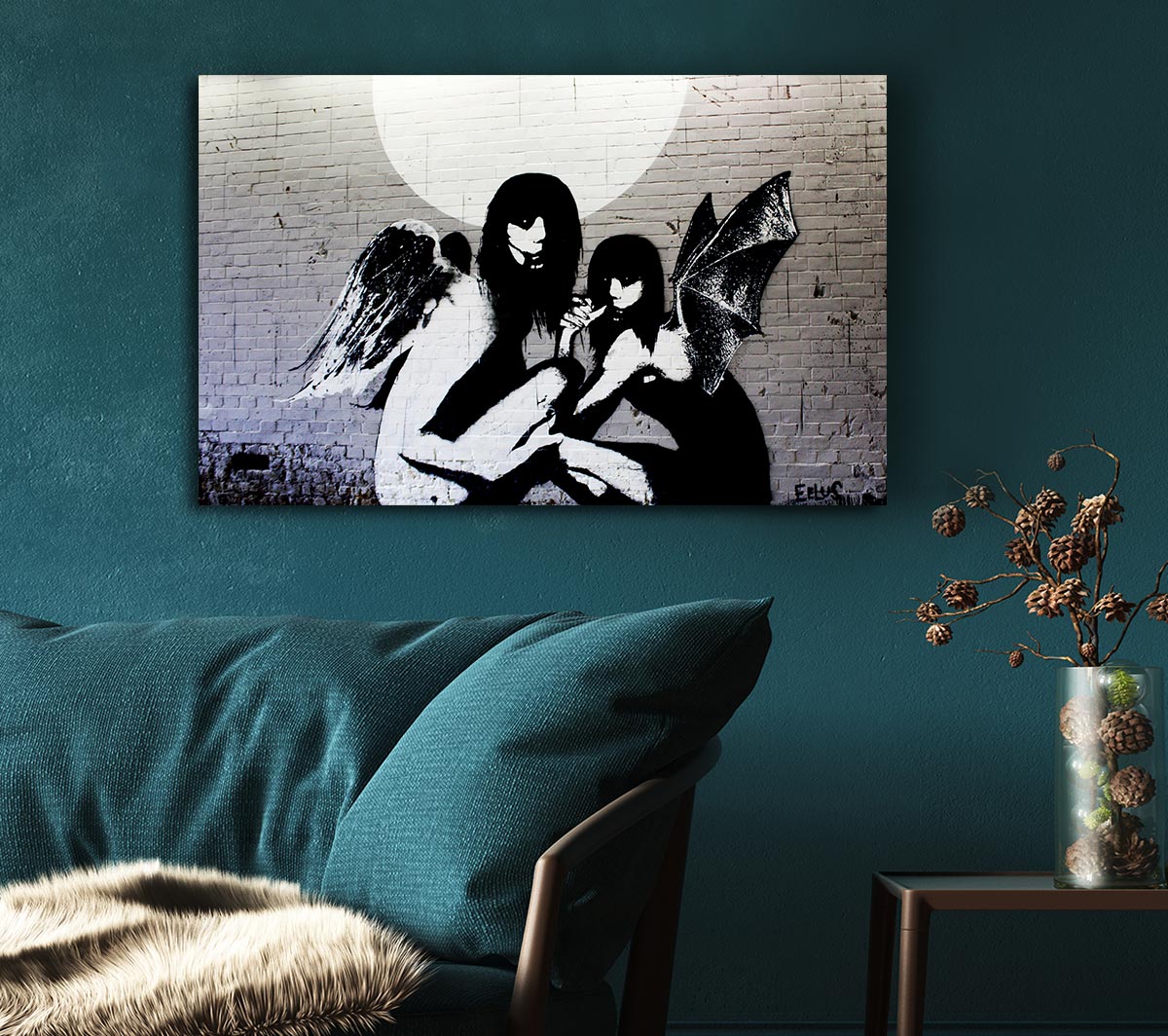 Canvas art featuring angels in moonlight, mounted on a 44mm box frame, ready to hang.