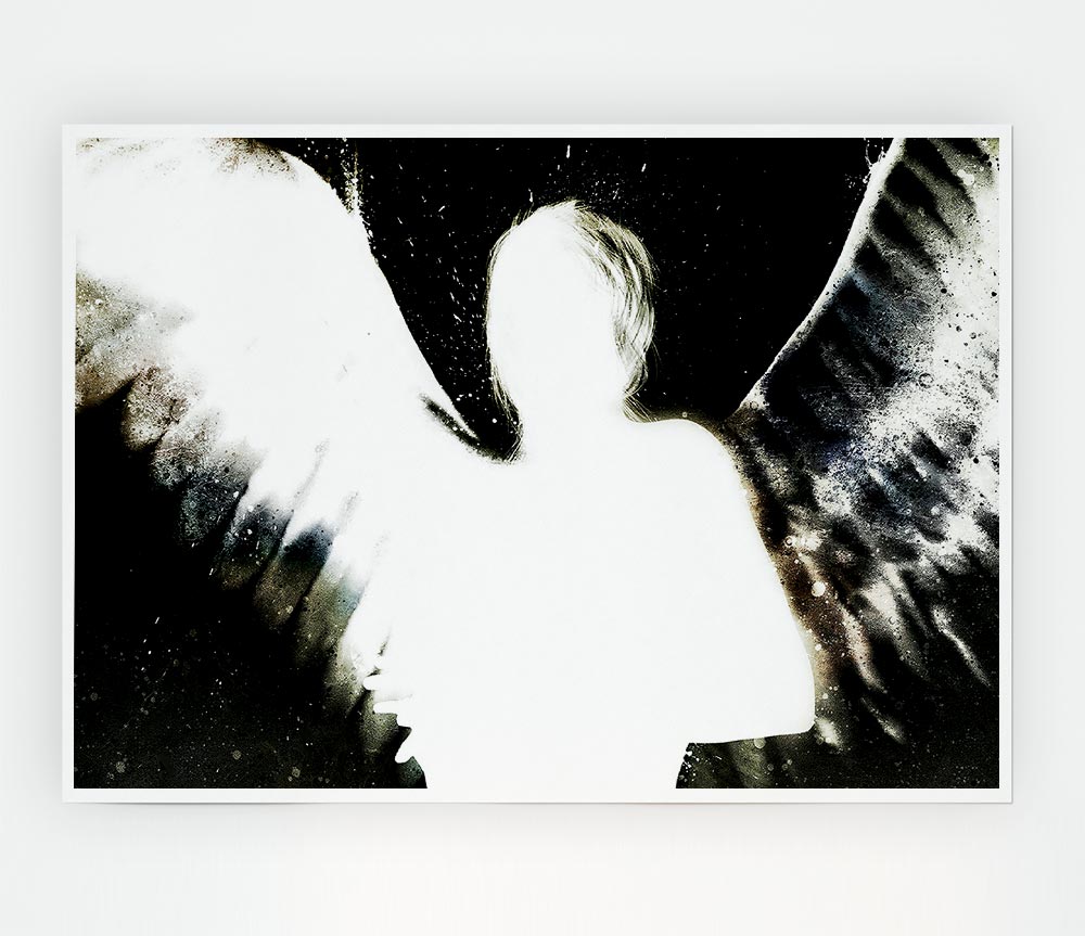 Angels In The Night White On Black canvas poster featuring ethereal angel imagery on a dark background.