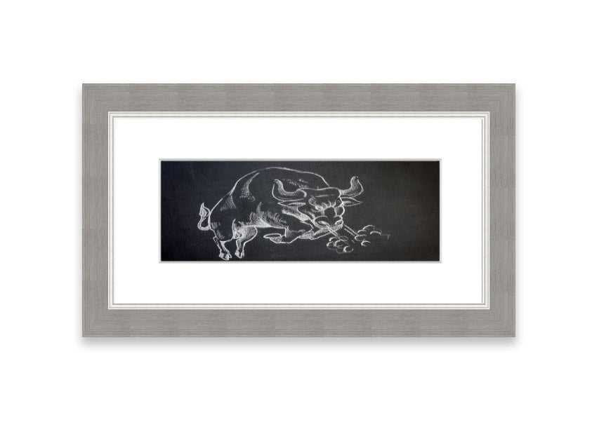 Angry Bull Cornwall framed print showcasing a powerful bull in vibrant colors, elegantly framed and ready to hang.
