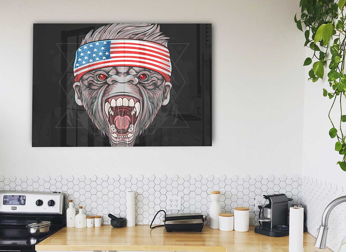 Angry Gorilla American Flag glass print featuring a fierce gorilla against a vibrant American flag background.