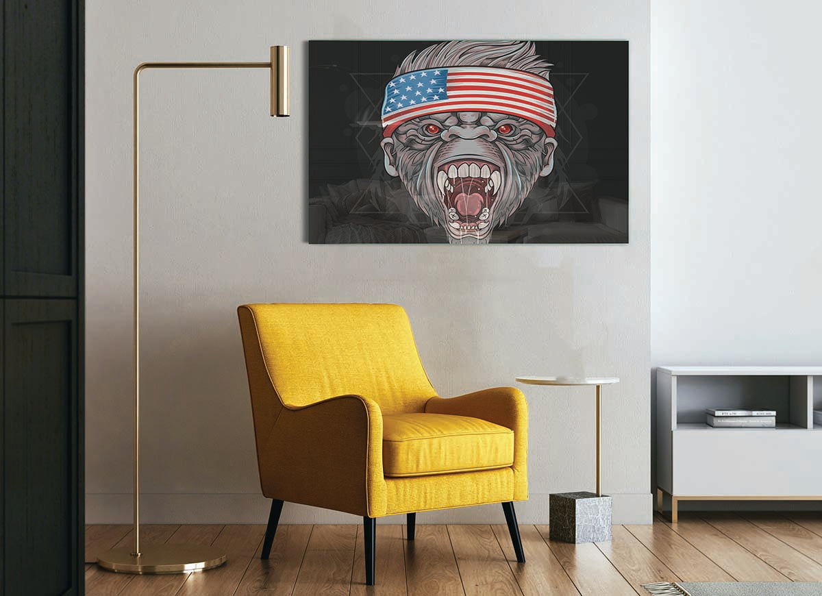 Angry Gorilla American Flag glass print featuring a fierce gorilla against a vibrant American flag background.