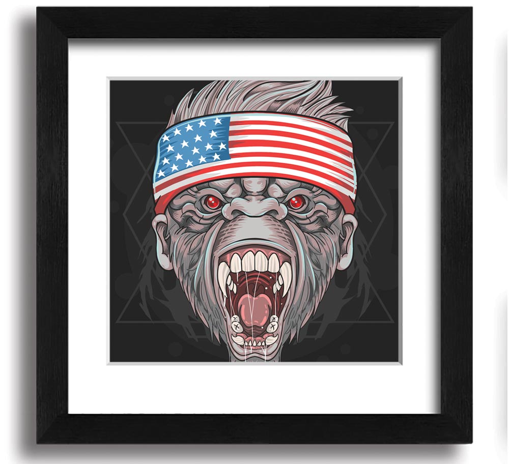 Angry Gorilla American Flag Square Framed Print showcasing a fierce gorilla against the American flag background.