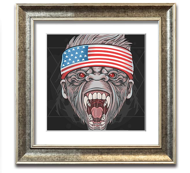 Angry Gorilla American Flag Square Framed Print showcasing a fierce gorilla against the American flag background.