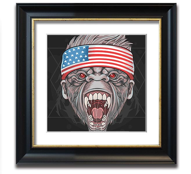 Angry Gorilla American Flag Square Framed Print showcasing a fierce gorilla against the American flag background.
