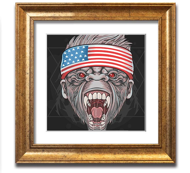Angry Gorilla American Flag Square Framed Print showcasing a fierce gorilla against the American flag background.