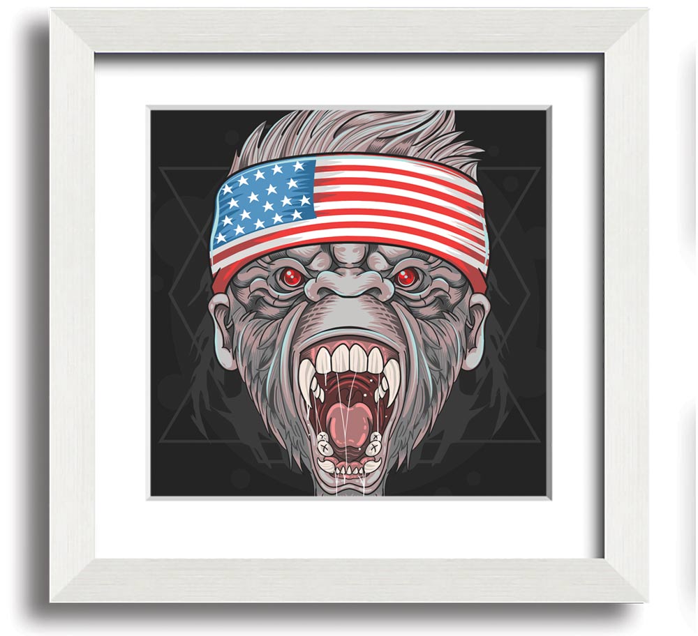 Angry Gorilla American Flag Square Framed Print showcasing a fierce gorilla against the American flag background.