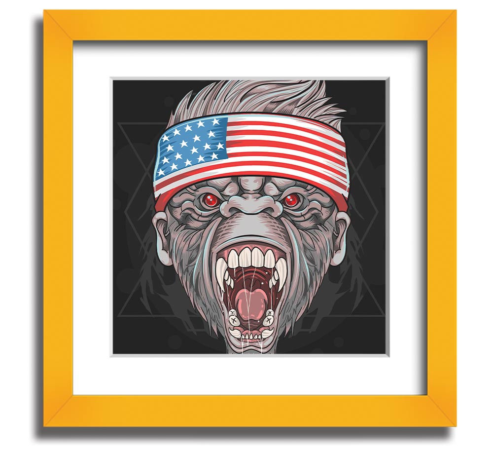 Angry Gorilla American Flag Square Framed Print showcasing a fierce gorilla against the American flag background.