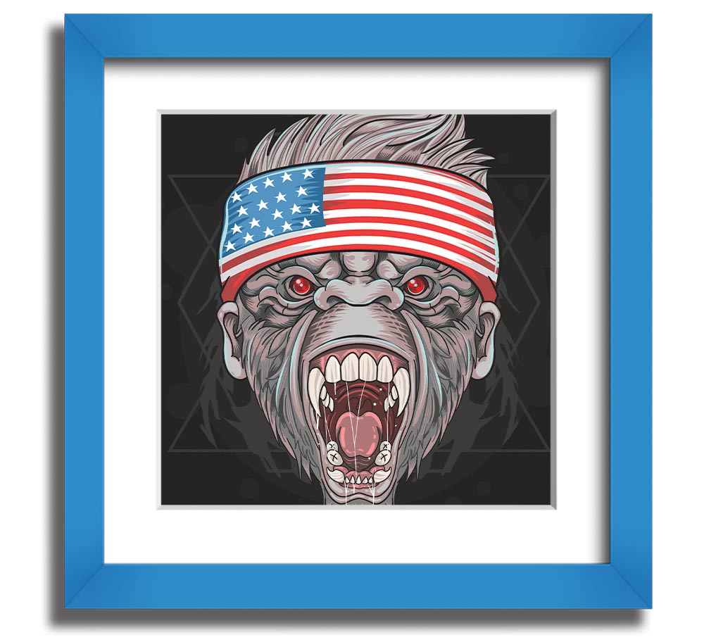 Angry Gorilla American Flag Square Framed Print showcasing a fierce gorilla against the American flag background.