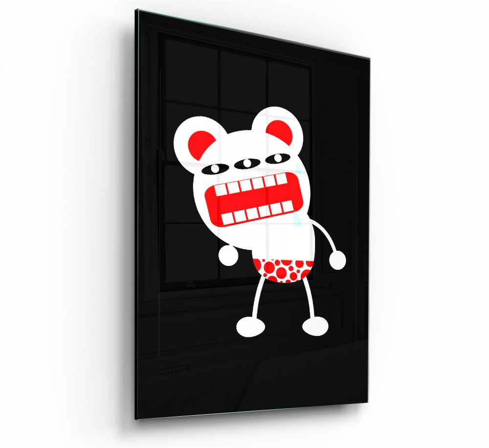 A vibrant glass print featuring an angry monster mouth design, showcasing bold colors and modern art style.