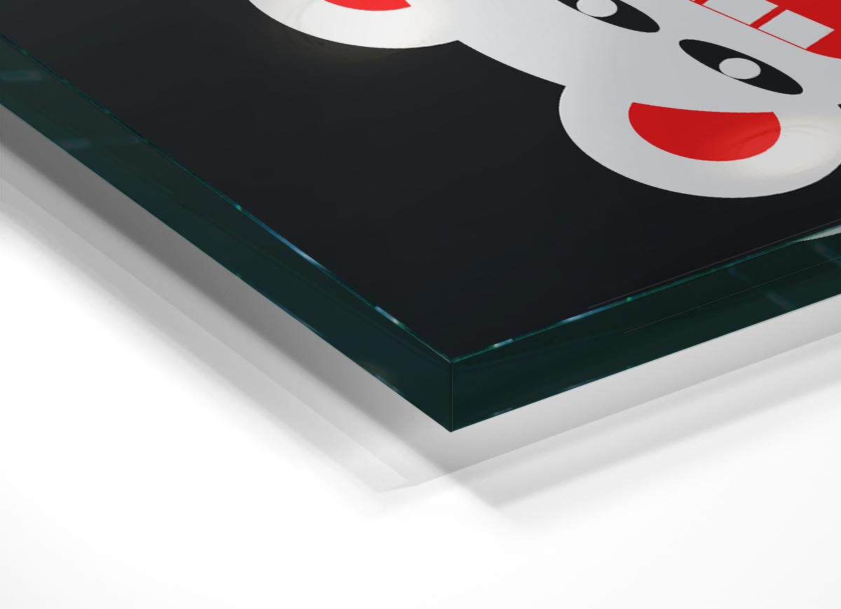 A vibrant glass print featuring an angry monster mouth design, showcasing bold colors and modern art style.