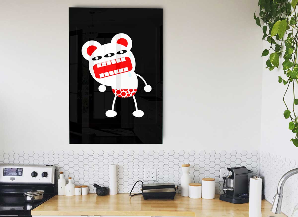 A vibrant glass print featuring an angry monster mouth design, showcasing bold colors and modern art style.