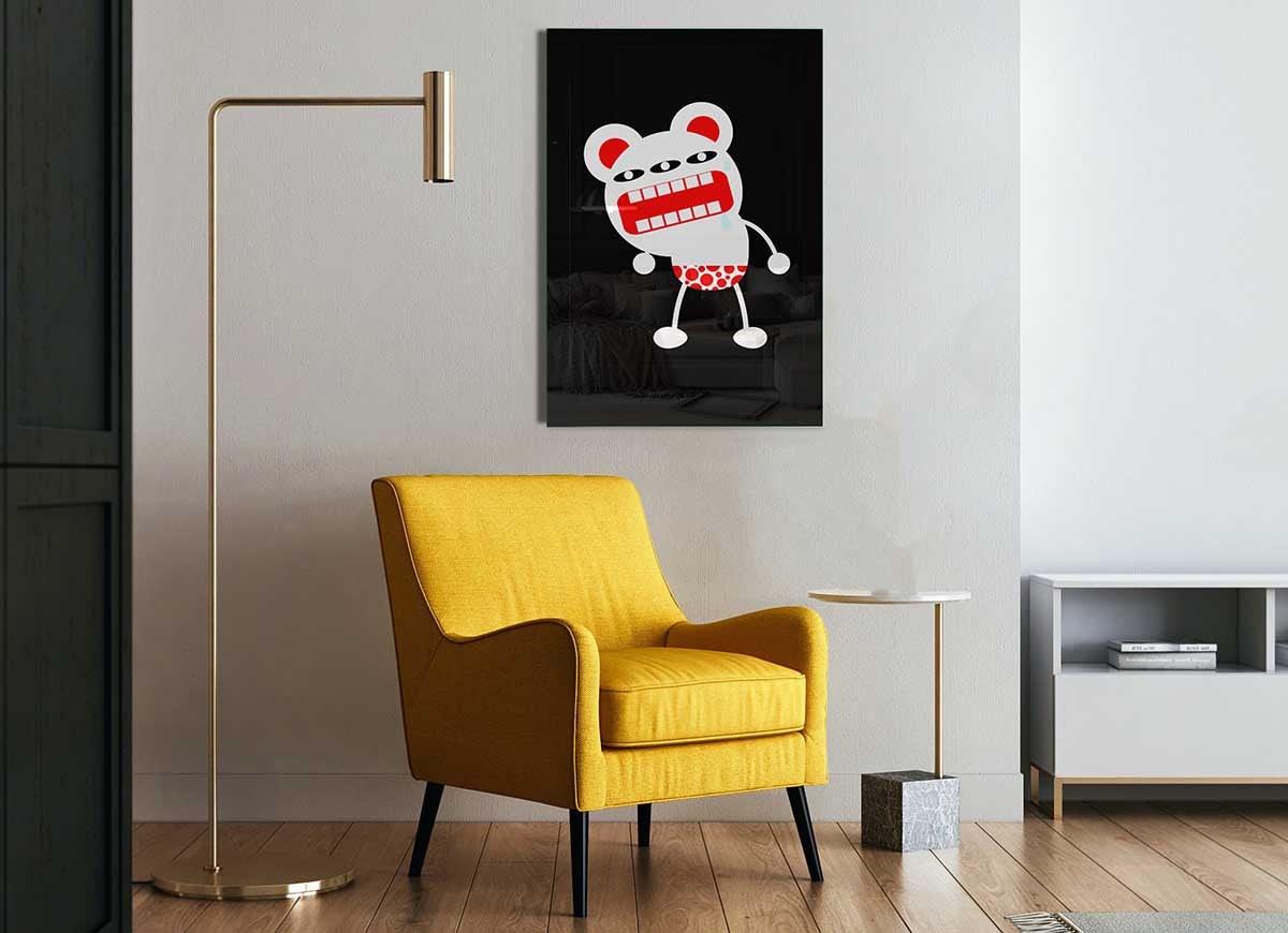 A vibrant glass print featuring an angry monster mouth design, showcasing bold colors and modern art style.