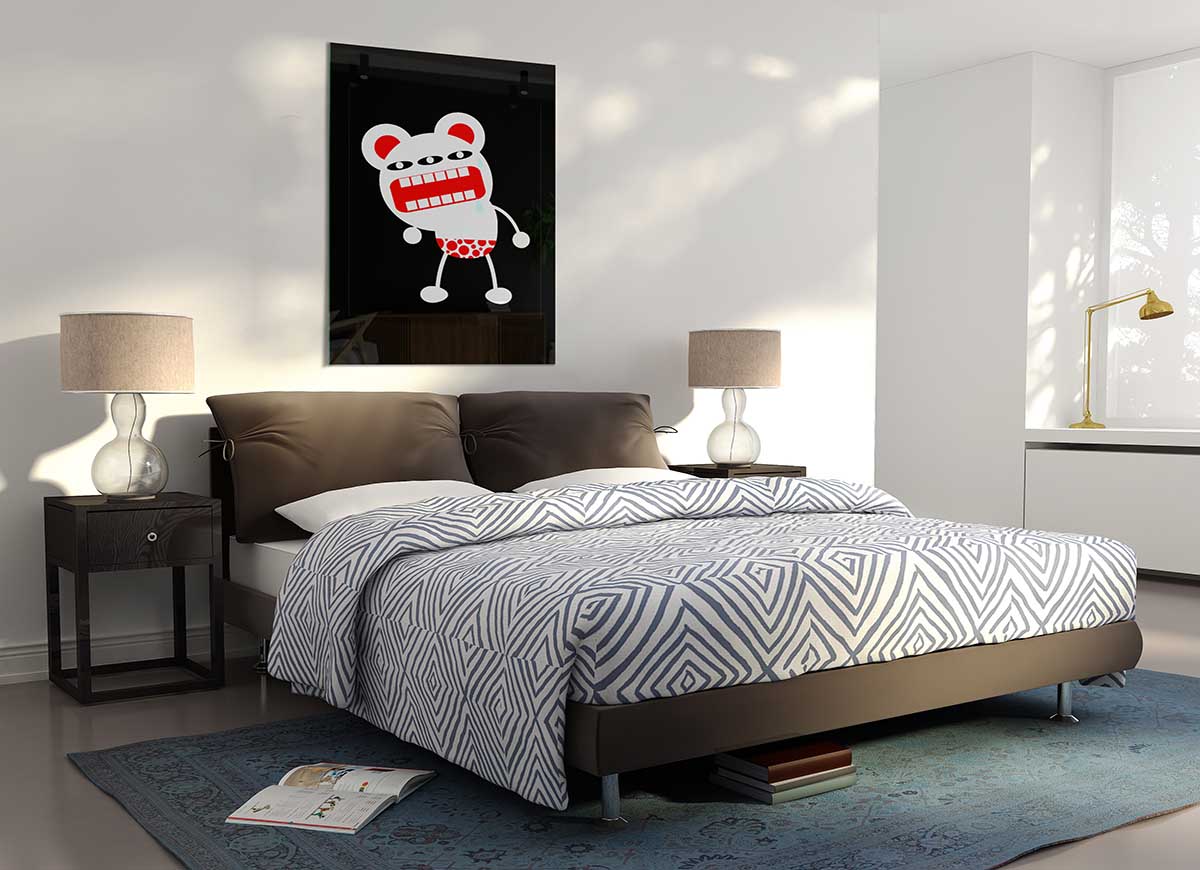 A vibrant glass print featuring an angry monster mouth design, showcasing bold colors and modern art style.