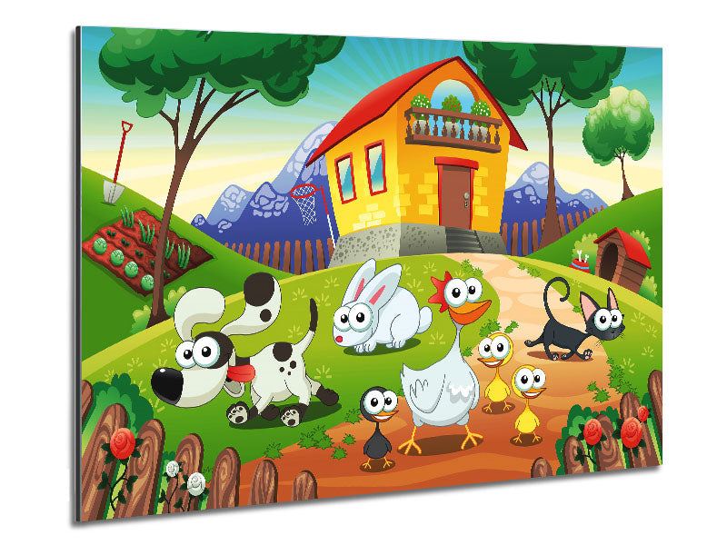Animal Farm Fun artwork printed on brushed aluminium dibond, showcasing vibrant colors and modern design.