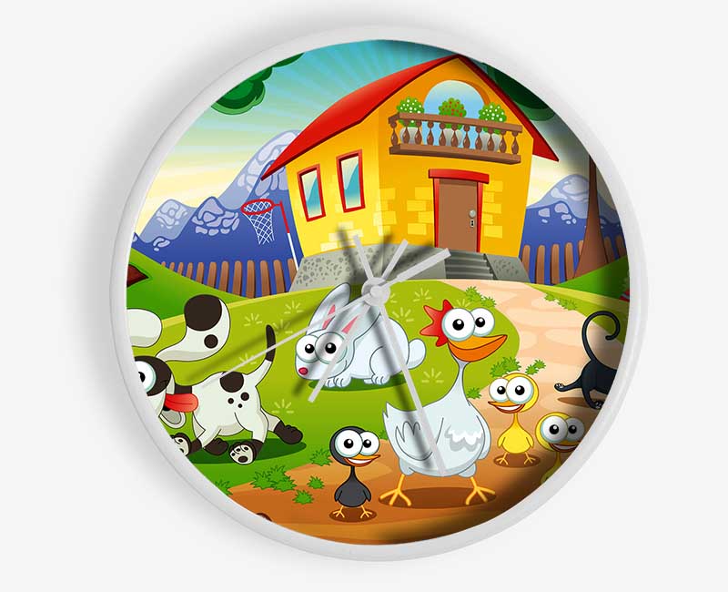 Animal Farm Fun clock made of natural bamboo with a round face and clear Plexiglas lens, available in black, white, and natural frame colors.