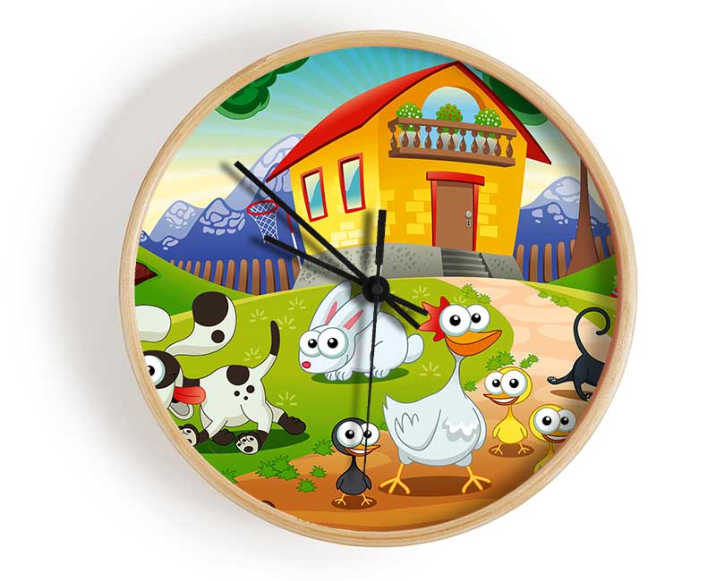 Animal Farm Fun clock made of natural bamboo with a round face and clear Plexiglas lens, available in black, white, and natural frame colors.