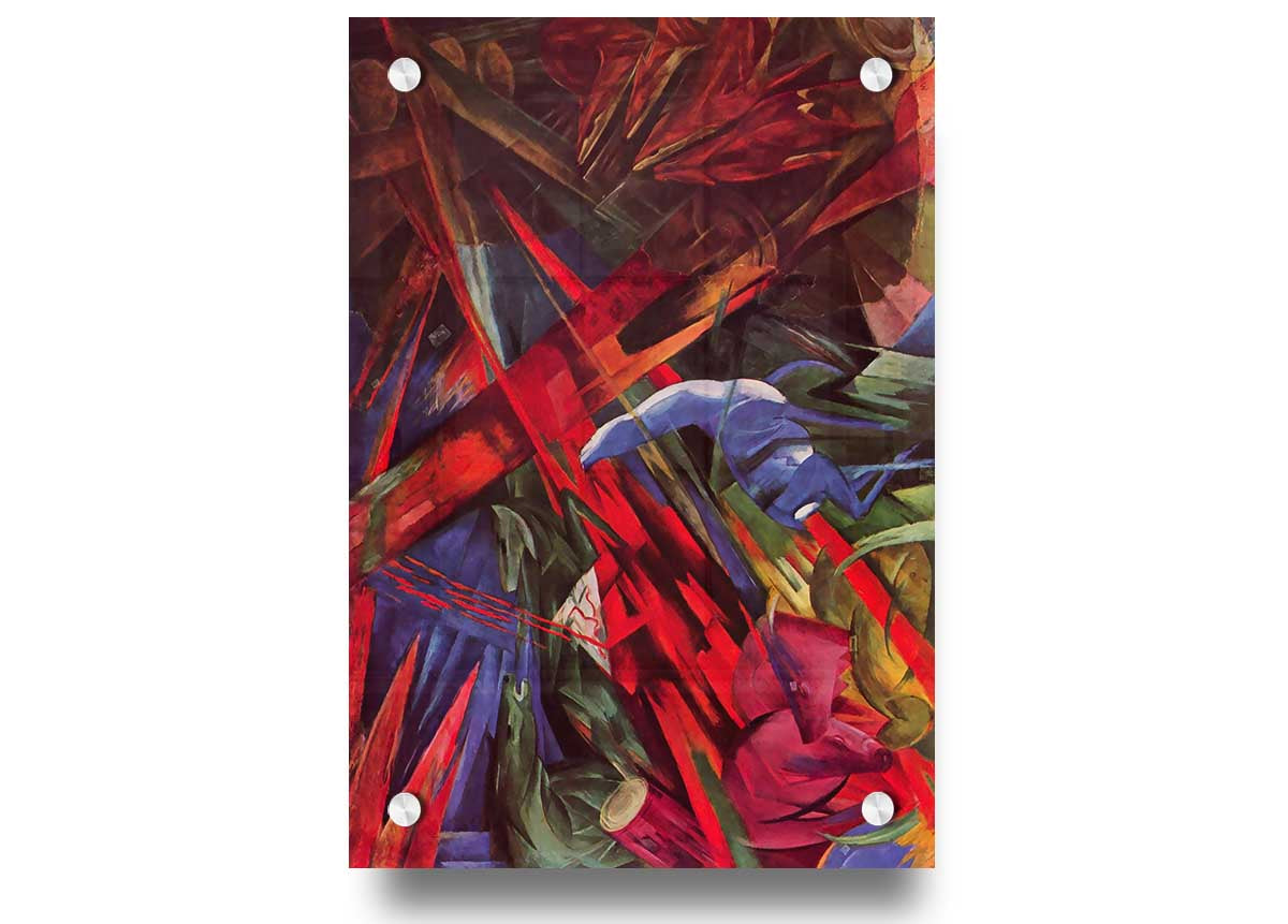 Acrylic print of Animal Fates by Franz Marc, showcasing vibrant colors and intricate details on 5mm thick acrylic glass.