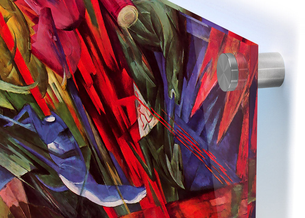 Acrylic print of Animal Fates by Franz Marc, showcasing vibrant colors and intricate details on 5mm thick acrylic glass.