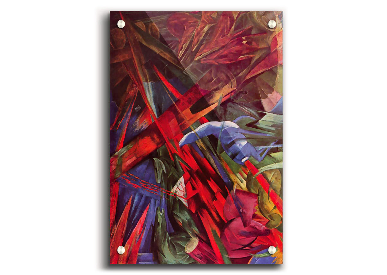 Acrylic print of Animal Fates by Franz Marc, showcasing vibrant colors and intricate details on 5mm thick acrylic glass.