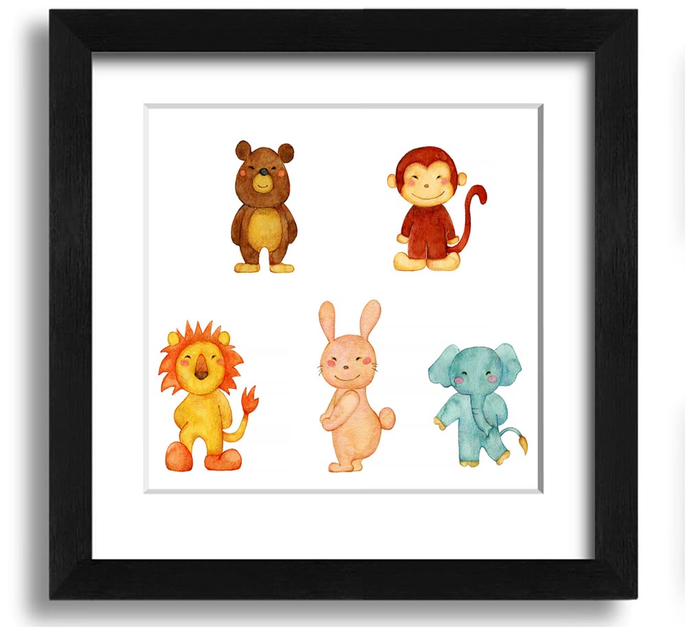 Animal Fun Square Framed Print featuring vibrant animal imagery in a stylish frame, ready to hang.