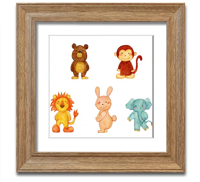 Animal Fun Square Framed Print featuring vibrant animal imagery in a stylish frame, ready to hang.