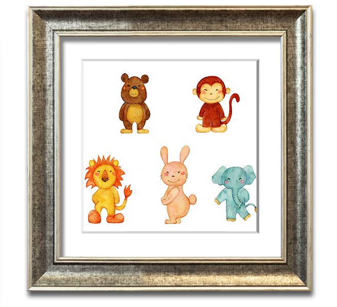 Animal Fun Square Framed Print featuring vibrant animal imagery in a stylish frame, ready to hang.