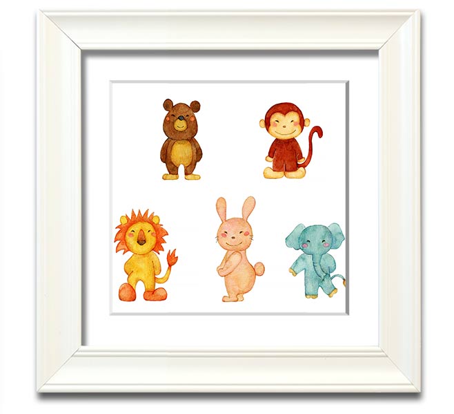 Animal Fun Square Framed Print featuring vibrant animal imagery in a stylish frame, ready to hang.