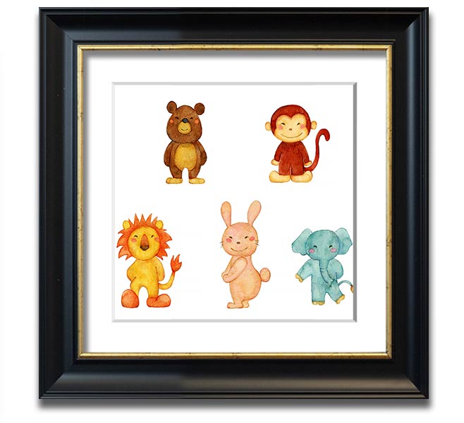 Animal Fun Square Framed Print featuring vibrant animal imagery in a stylish frame, ready to hang.