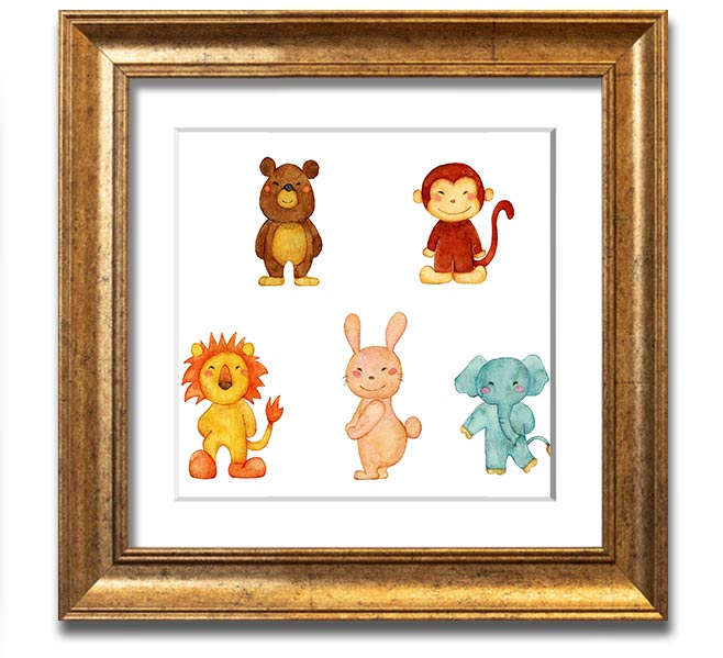 Animal Fun Square Framed Print featuring vibrant animal imagery in a stylish frame, ready to hang.