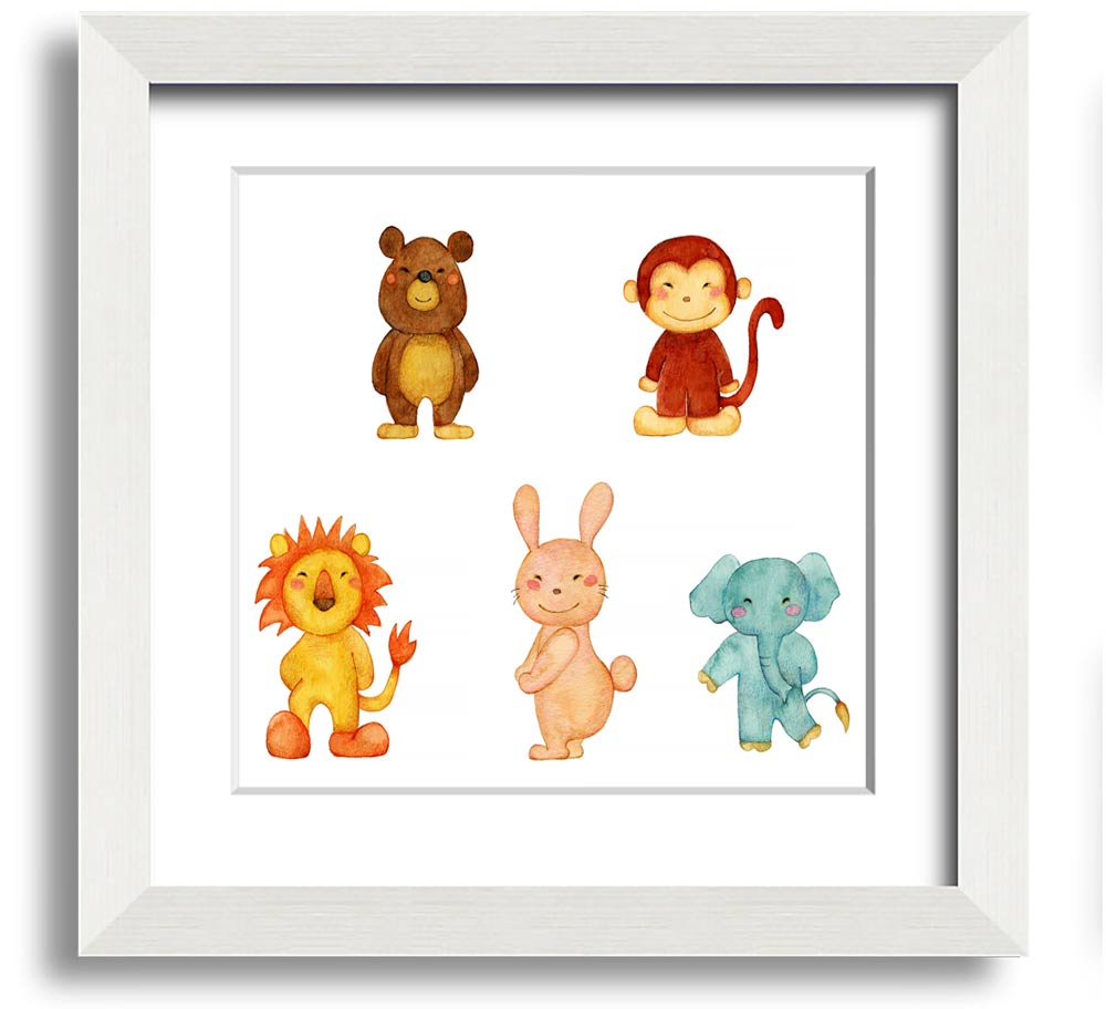 Animal Fun Square Framed Print featuring vibrant animal imagery in a stylish frame, ready to hang.