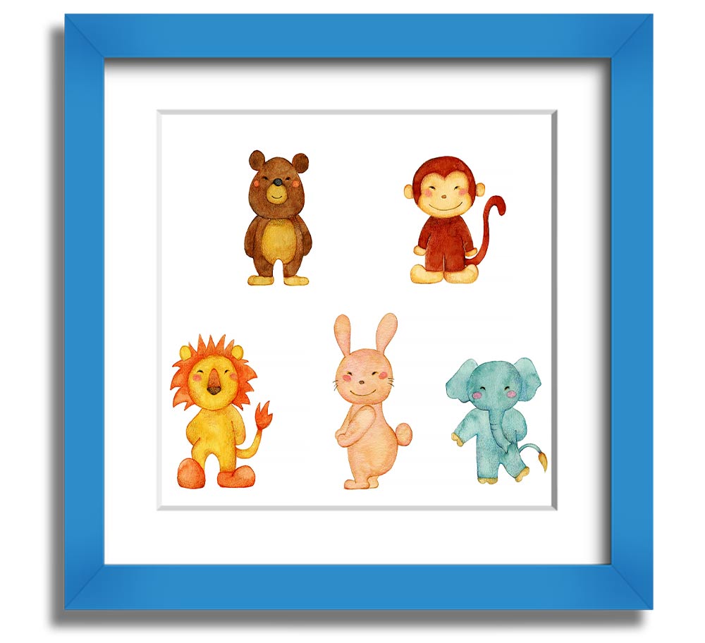 Animal Fun Square Framed Print featuring vibrant animal imagery in a stylish frame, ready to hang.