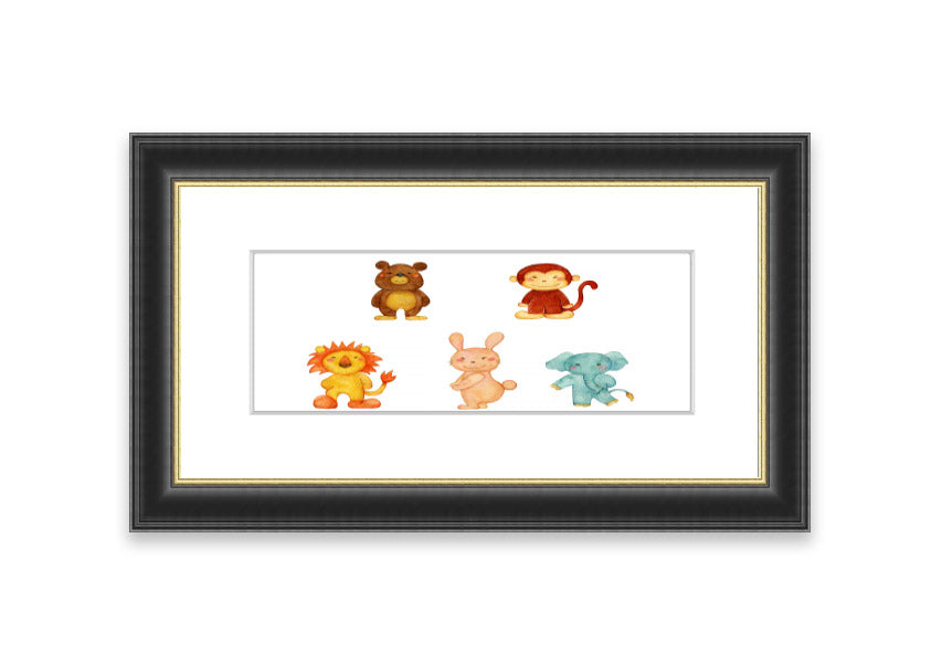 A vibrant framed print featuring playful animals, available in various frame colors, handmade in the UK.