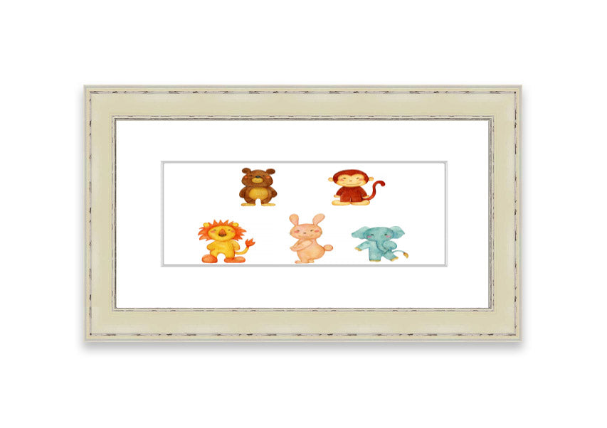 A vibrant framed print featuring playful animals, available in various frame colors, handmade in the UK.