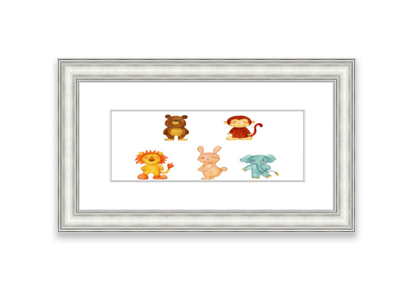 A vibrant framed print featuring playful animals, available in various frame colors, handmade in the UK.