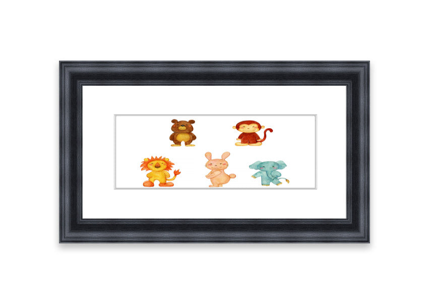 A vibrant framed print featuring playful animals, available in various frame colors, handmade in the UK.