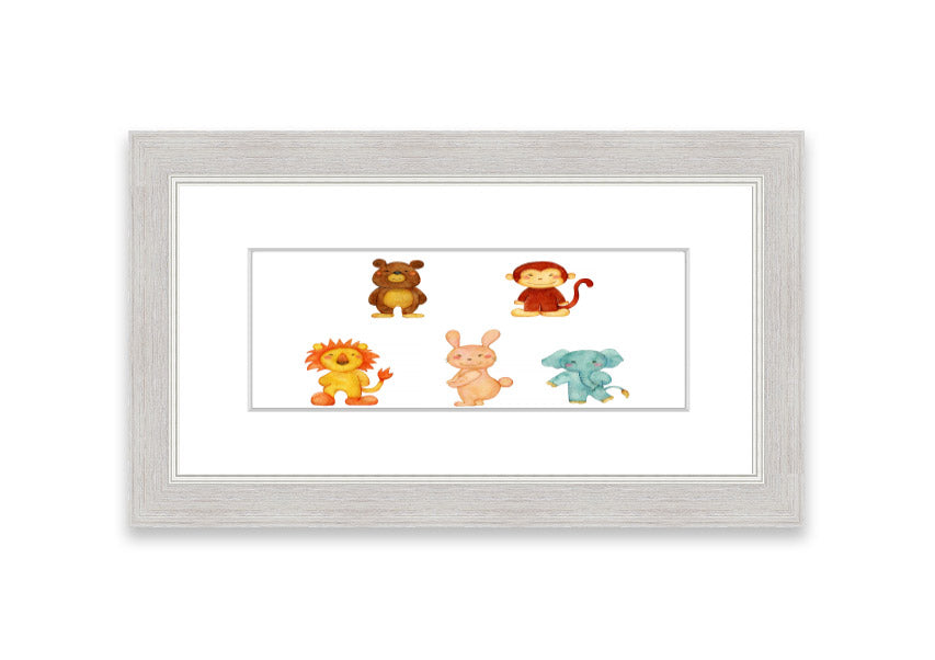 A vibrant framed print featuring playful animals, available in various frame colors, handmade in the UK.