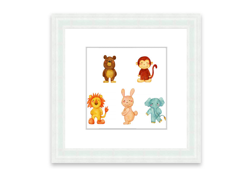 A vibrant framed print featuring playful animals, available in various frame colors, handmade in the UK.