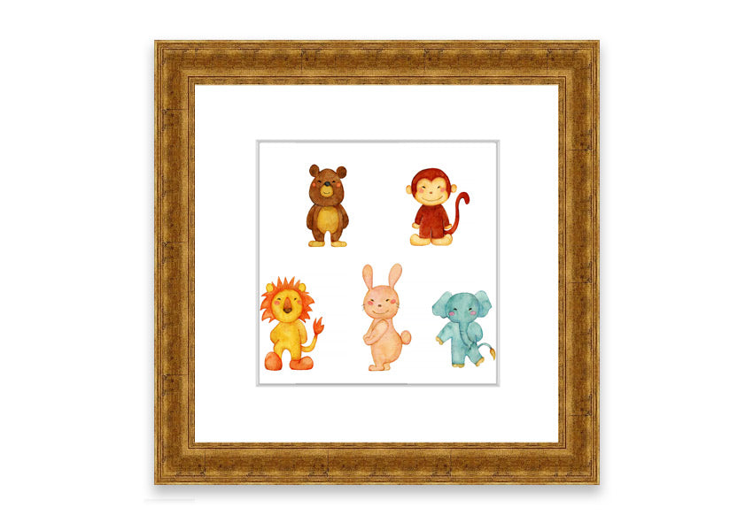 A vibrant framed print featuring playful animals, available in various frame colors, handmade in the UK.