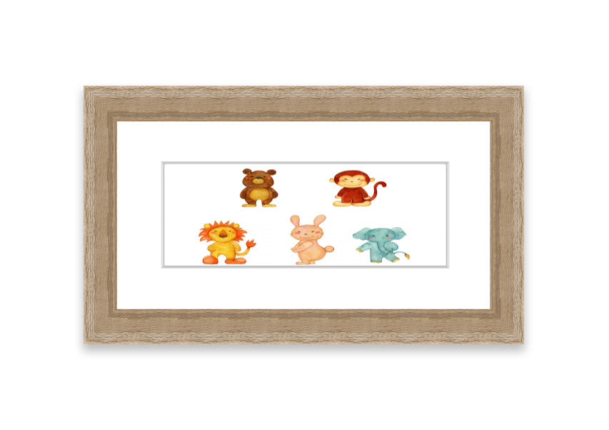 A vibrant framed print featuring playful animals, available in various frame colors, handmade in the UK.