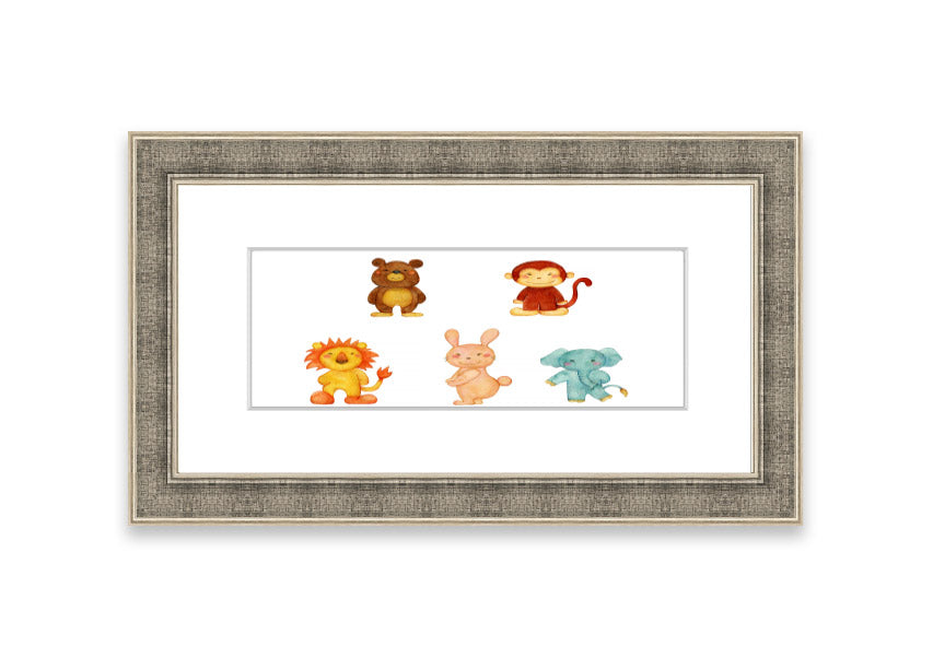 A vibrant framed print featuring playful animals, available in various frame colors, handmade in the UK.