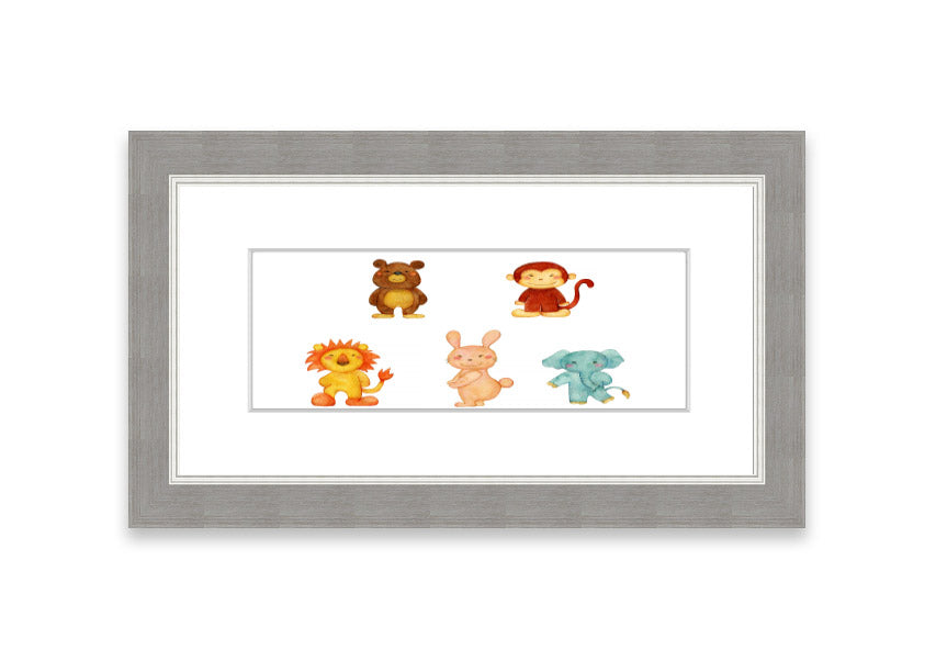 A vibrant framed print featuring playful animals, available in various frame colors, handmade in the UK.