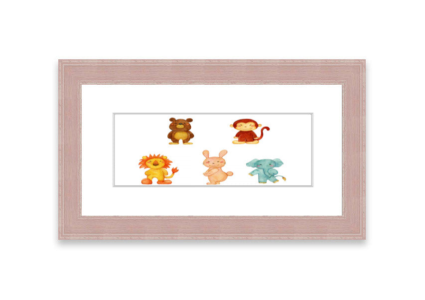 A vibrant framed print featuring playful animals, available in various frame colors, handmade in the UK.