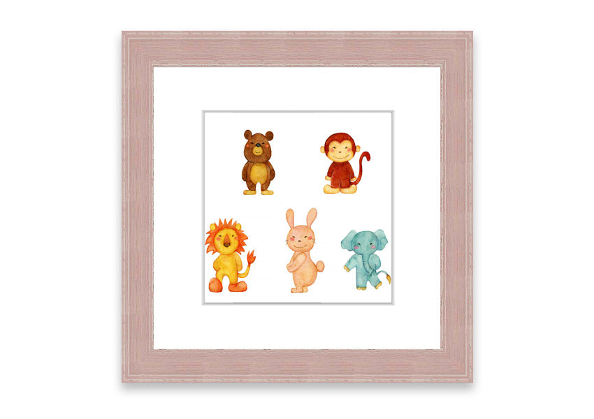 A vibrant framed print featuring playful animals, available in various frame colors, handmade in the UK.