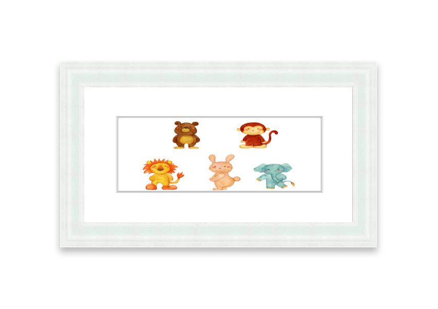 A vibrant framed print featuring playful animals, available in various frame colors, handmade in the UK.