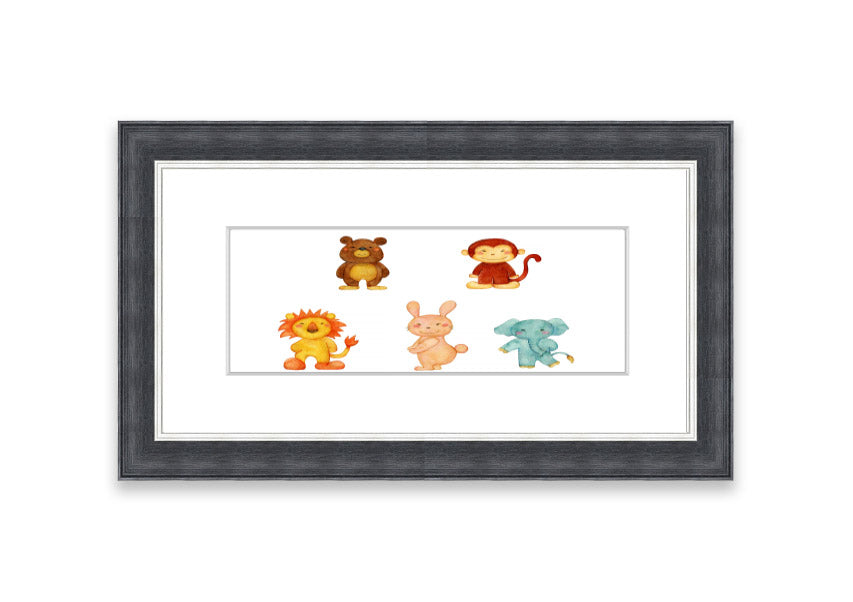 A vibrant framed print featuring playful animals, available in various frame colors, handmade in the UK.