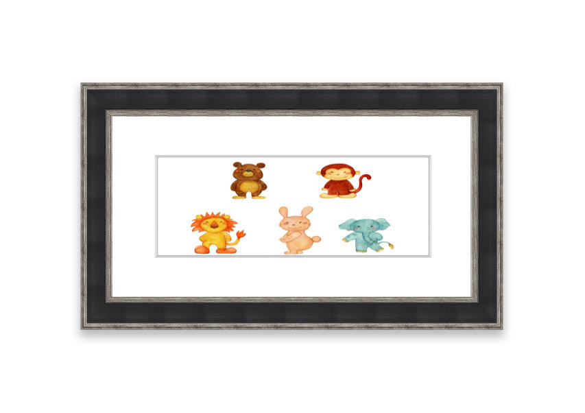 A vibrant framed print featuring playful animals, available in various frame colors, handmade in the UK.