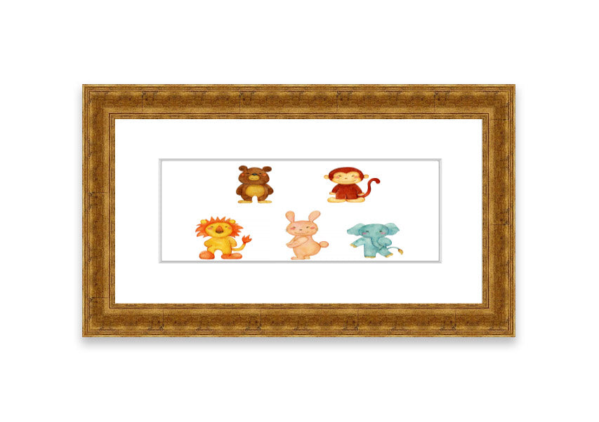 A vibrant framed print featuring playful animals, available in various frame colors, handmade in the UK.