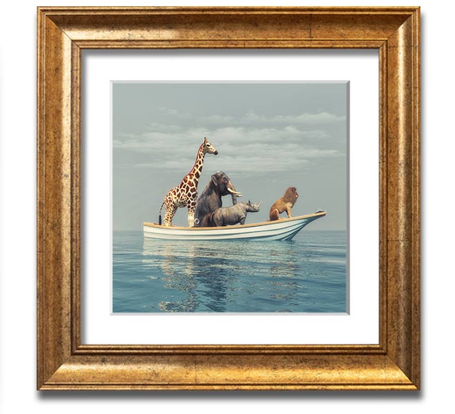 A beautifully framed print of the Animal Kingdom Boat Ride, showcasing vibrant colors and intricate details, ready to hang on the wall.