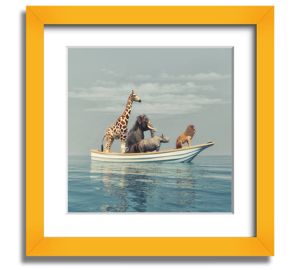 A beautifully framed print of the Animal Kingdom Boat Ride, showcasing vibrant colors and intricate details, ready to hang on the wall.